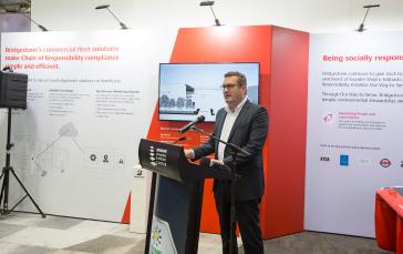 Stephen Roche - Managing Director Bridgestone Australia and NZ at the Bridgestone launch of a new gate based tyre pressure monitoring system (TPMS) at the 2019 Brisbane Truck Show, designed to enhance and strengthen its Total Tyre Management model.
