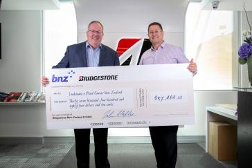 Bridgestone Director NZ Business, John Staples presented Leukaemia & Blood Cancer New Zealand CEO, Peter Fergusson, with $37,484.10 raised through the ‘Put a Cap on It’ campaign.