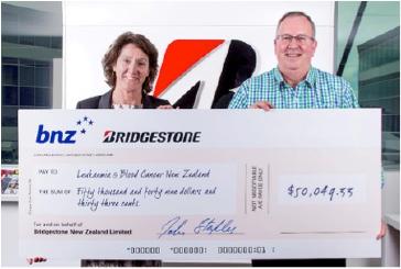 Leukaemia & Blood Cancer New Zealand CEO Pru Etcheverry was thrilled to be presented with 
a cheque for more than $50,000 by Bridgestone New Zealand Director John Staples
