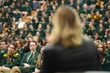 Olympic Gold Medallist Ariarne Titmus makes a surprise return to her former school, St Patrick's College in Launceston, to encourage and inspire students with Chase Your Dream message.