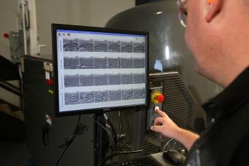 Shearography machines inspect the tyre using lasers under vacuum to identify internal defects of the case.